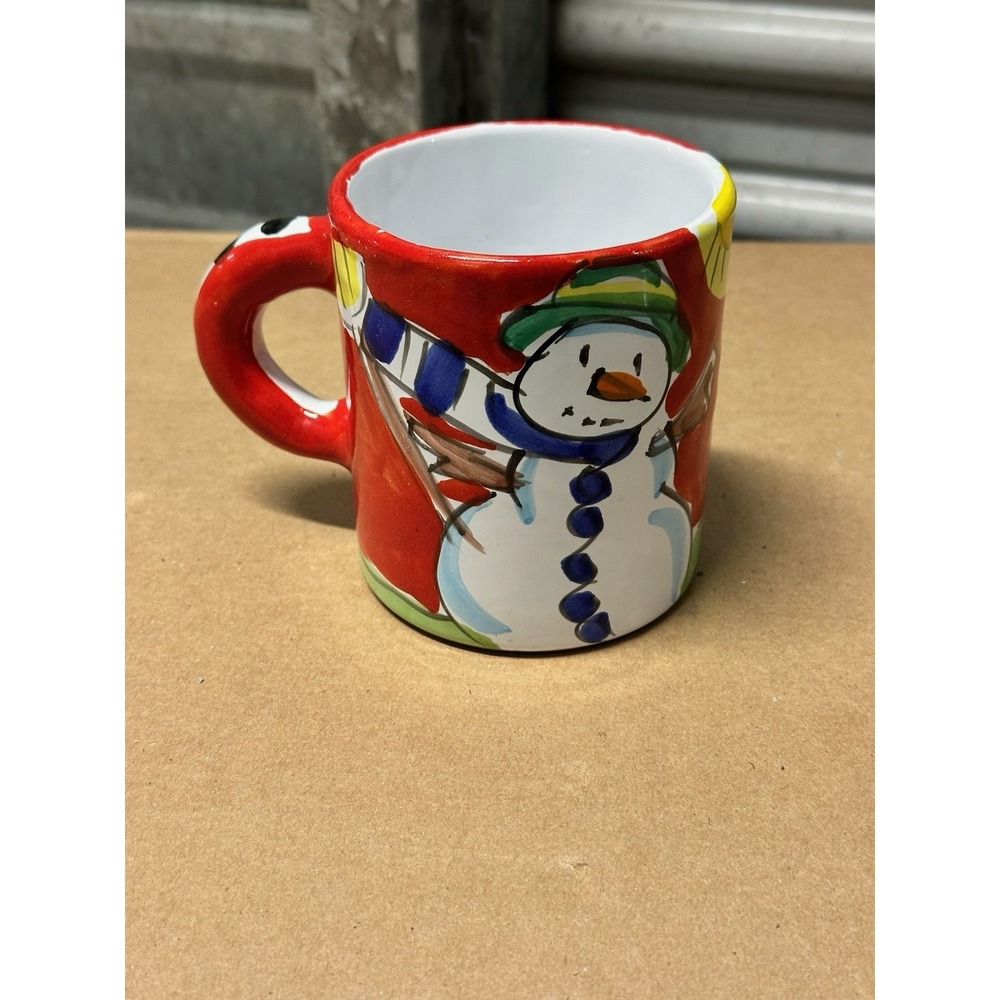 Hand Painted Christmas Mug Snowman Folk Art Red Ceramic Cup